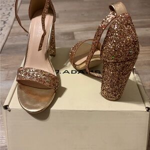 Adams Rose Gold Glitter Block Heel Sandals with Ankle Strap